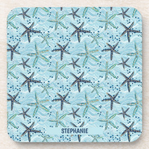 Light Blue and Gold Starfish on Ocean Wave Pattern Coaster