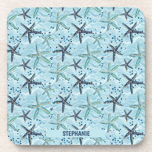 Light Blue and Gold Starfish on Ocean Wave Pattern Coaster (Front)
