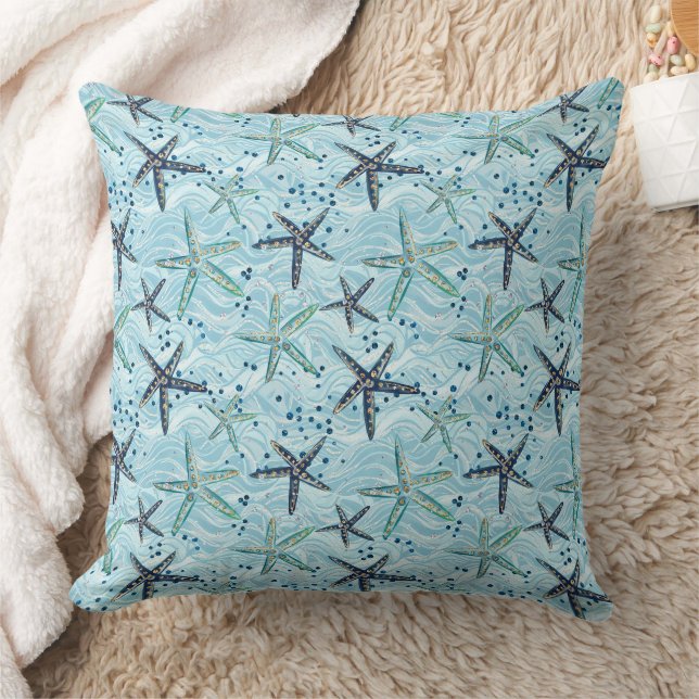 Light Blue and Gold Starfish on Ocean Wave Pattern Cushion (Blanket)