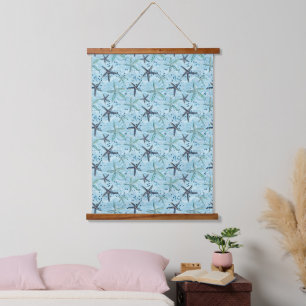 Light Blue and Gold Starfish on Ocean Wave Pattern Hanging Tapestry
