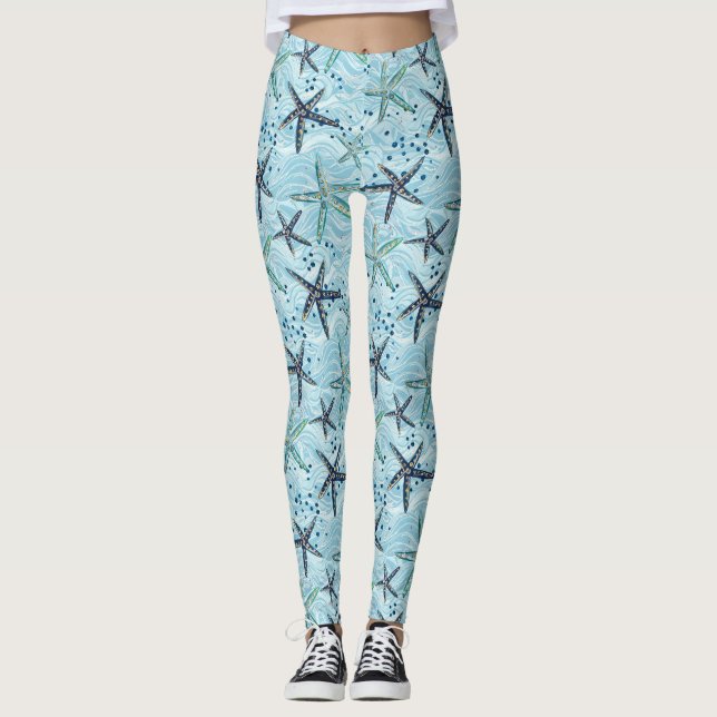 Light Blue and Gold Starfish on Ocean Wave Pattern Leggings (Front)