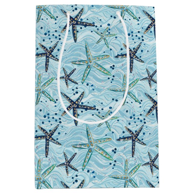 Light Blue and Gold Starfish on Ocean Wave Pattern Medium Gift Bag (Front)