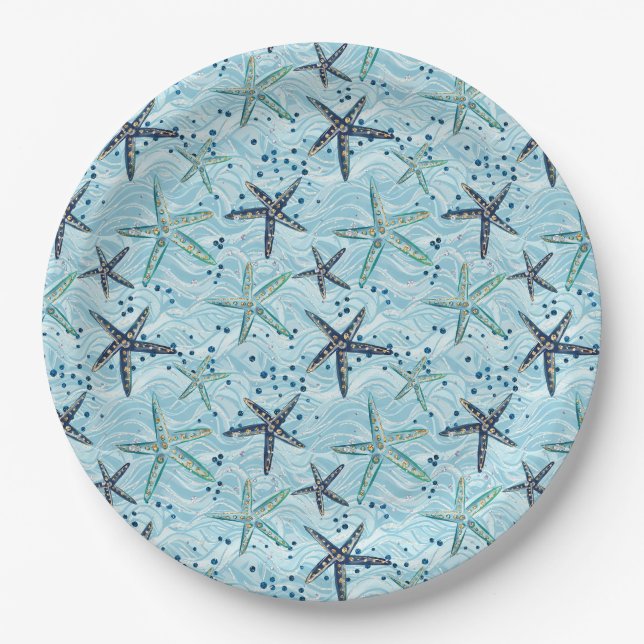 Light Blue and Gold Starfish on Ocean Wave Pattern Paper Plate (Front)