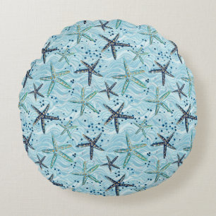 Light Blue and Gold Starfish on Ocean Wave Pattern Round Cushion