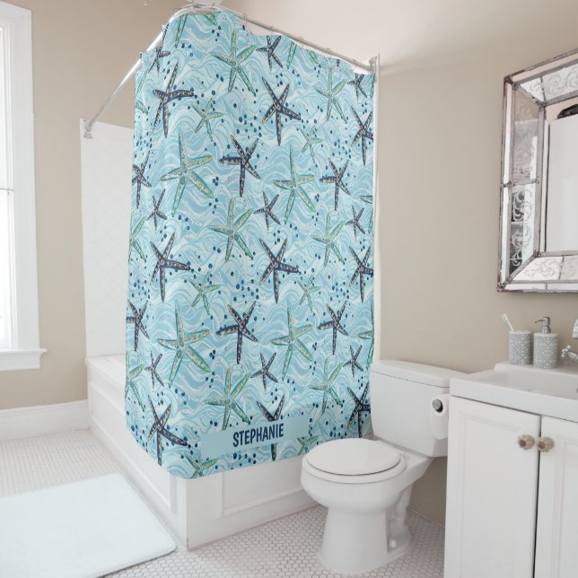 Light Blue and Gold Starfish on Ocean Wave Pattern Shower Curtain (In Situ)