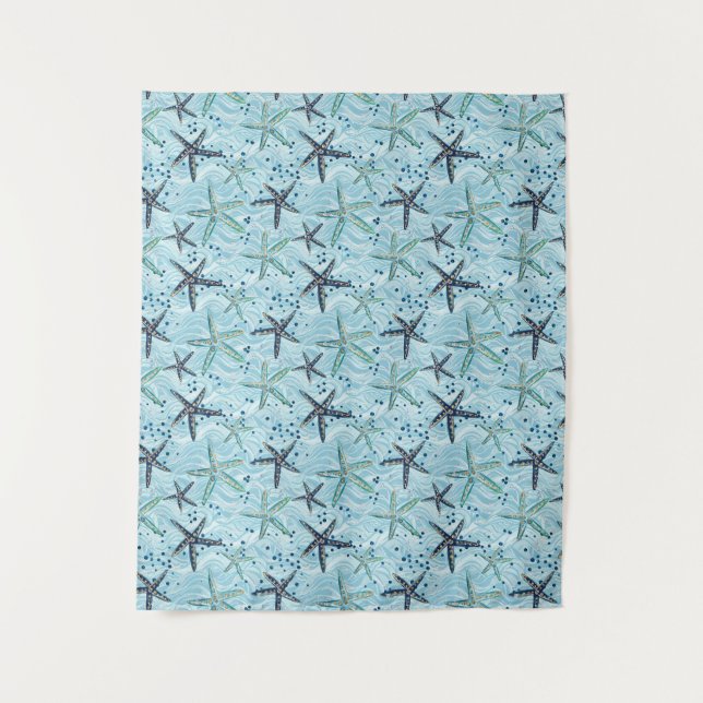 Light Blue and Gold Starfish on Ocean Wave Pattern Tapestry (Front)