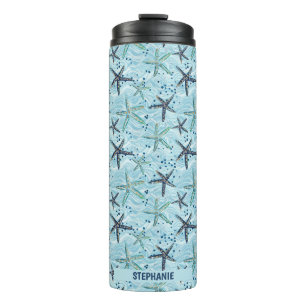 Light Blue and Gold Starfish on Ocean Wave Pattern Thermal Tumbler