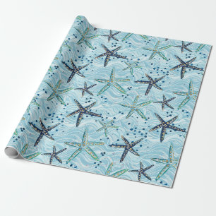 Light Blue and Gold Starfish on Ocean Wave Pattern Wrapping Paper