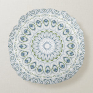 Light Blue and Green Medallion Design Round Cushion