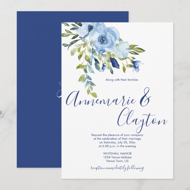 Light Blue and Navy Floral Wedding | Invitation (Front/Back)