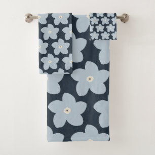 Light Blue And Navy Retro Flower Bath Towel Set