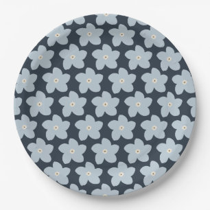 Light Blue And Navy Retro Flower Paper Plate