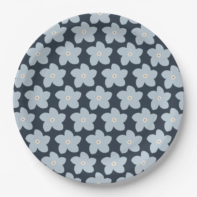 Light Blue And Navy Retro Flower Paper Plate (Front)