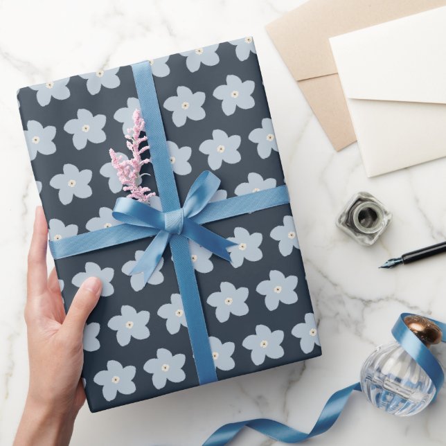 Light Blue And Navy Retro Flower Wrapping Paper (Gifting)