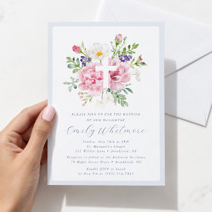 Light Blue and Pink Floral Cross Baptism Invitation