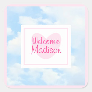 Light Blue and Pink Heart Baby Girl Shower Square Sticker