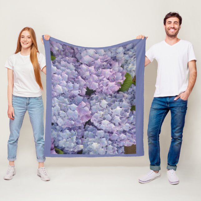 Light Blue and Pink Hydrangea Fleece Blanket (In Situ)