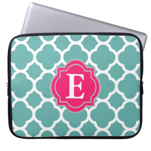 Light Blue and Pink Quatrefoil Monogram Laptop Sleeve