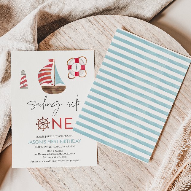 Light Blue and Red Nautical Sail Boat 1st Birthday Invitation (Cute sailing into one first birthday invitation featuring a sail boat, lighthouse and lifebuoy.)