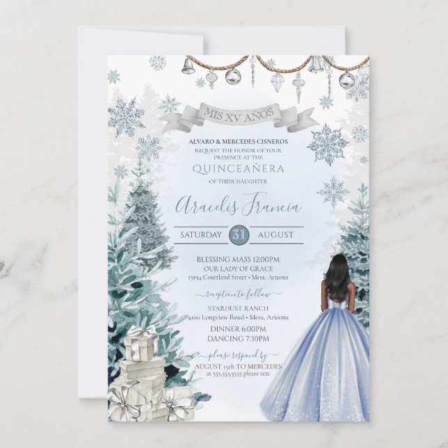 Light Blue and Silver Winter Holiday Quinceanera Invitation (Front)