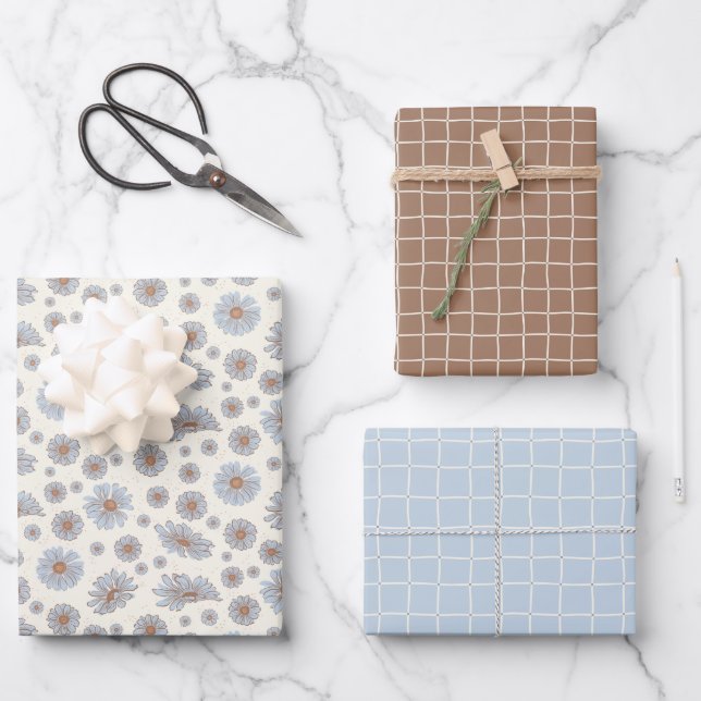 Light Blue and Soft Brown Daisy Gift Wrap Sheets (Front)