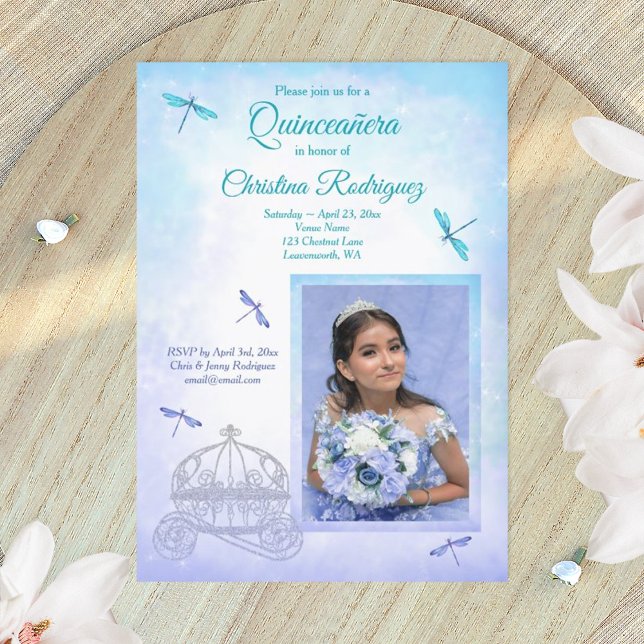 Light Blue and Turquoise, Carriage Quinceañera  Invitation (dusty blue turquoise quinceanera invitations)