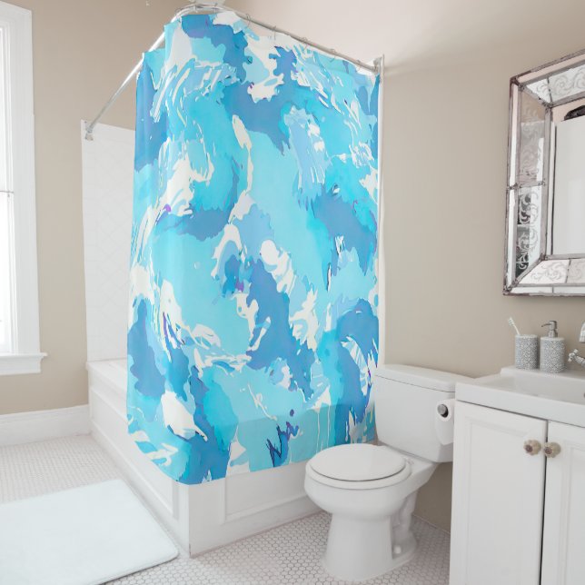 Light blue and White Abstract brush Strokes Shower Curtain (In Situ)