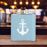 Light Blue and White Anchor Monogram Hip Flask<br><div class="desc">Modern and trendy nautical design.</div>