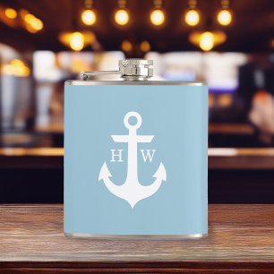 Light Blue and White Anchor Monogram Hip Flask