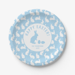 Light Blue And White Bunny Pattern Happy Easter Paper Plate