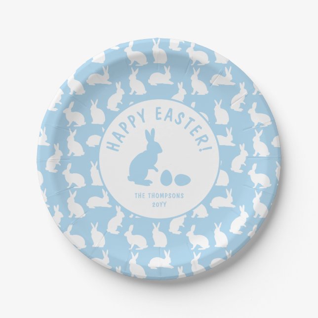 Light Blue And White Bunny Pattern Happy Easter Paper Plate (Front)