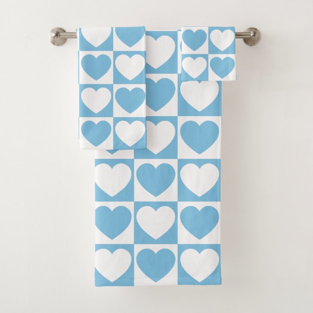 Light Blue and White Chequered Pattern With Hearts Bath Towel Set (Insitu)