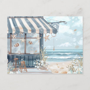 light blue and white coastal landscape postcard