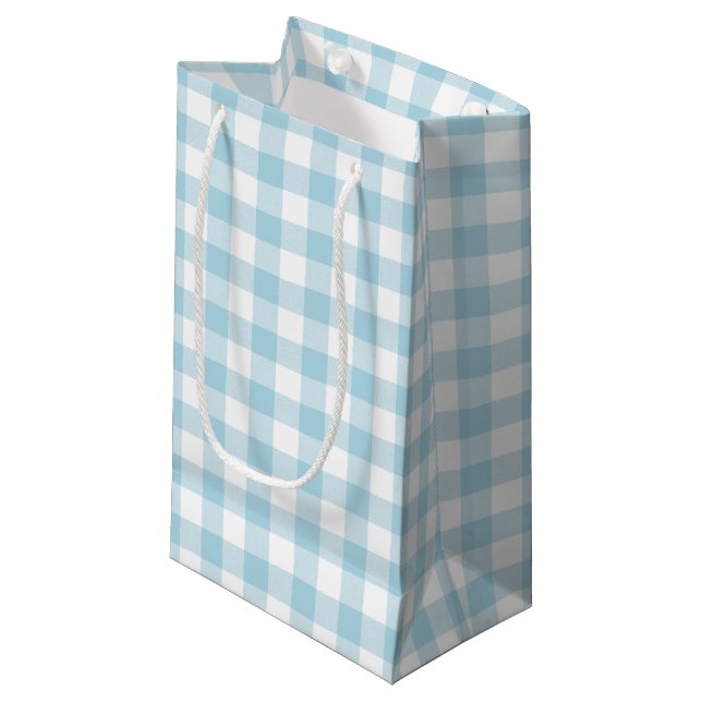 Light Blue and White Gingham Small Gift Bag (Front Angled)