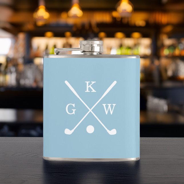 Light Blue and White Golf Clubs Monogrammed Hip Flask (Creator Uploaded)