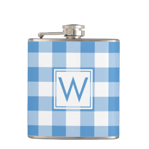 Light Blue and White Plaid Pattern with Monogram Hip Flask