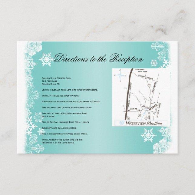 Light Blue and White Snowflake Wedding Directions Enclosure Card (Front)