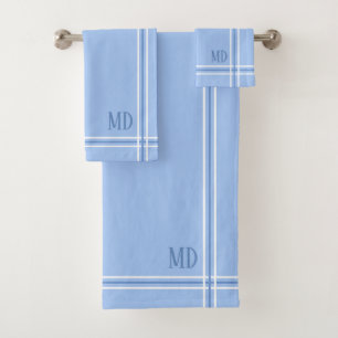 Light Blue and White Striped Custom Initials Bath Towel Set