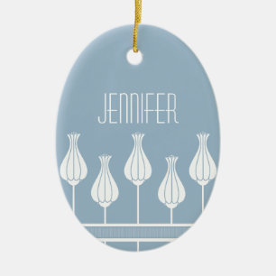 Light Blue Art Deco Floral Oval Ornament