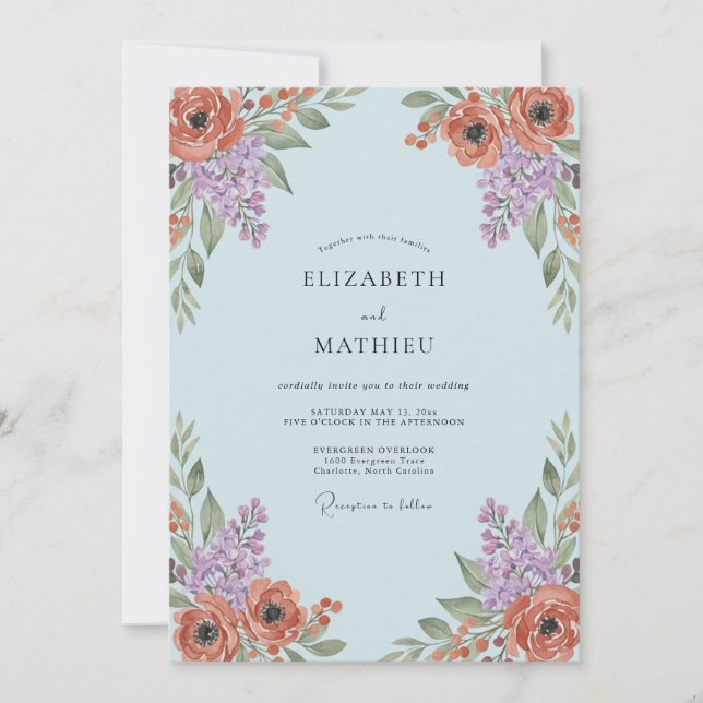 Light Blue Artful Floral Wedding Invitation (Front)