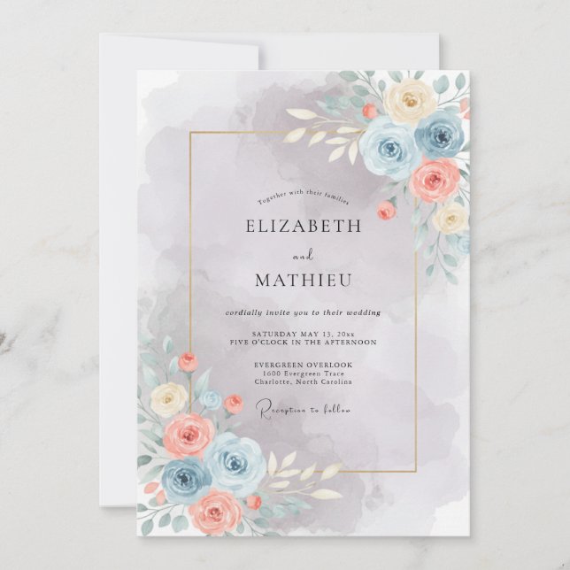 Light Blue Artistic Watercolor Wedding Invitation (Front)