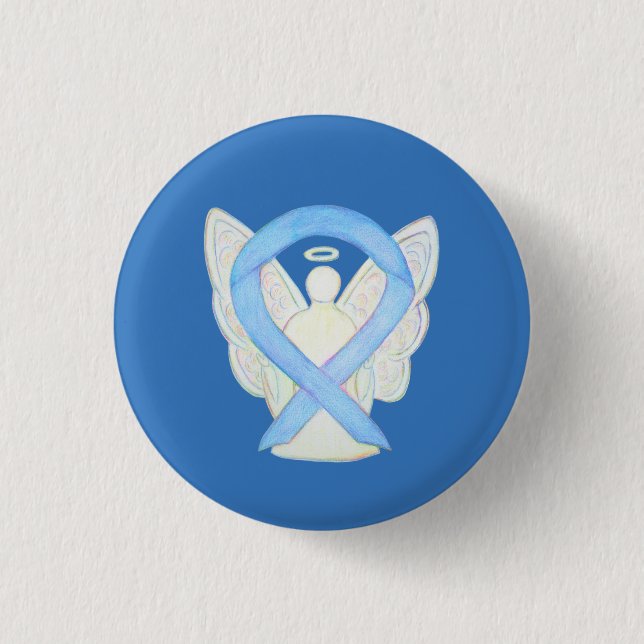 Light Blue Awareness Ribbon Angel Art Pin Buttons (Front)