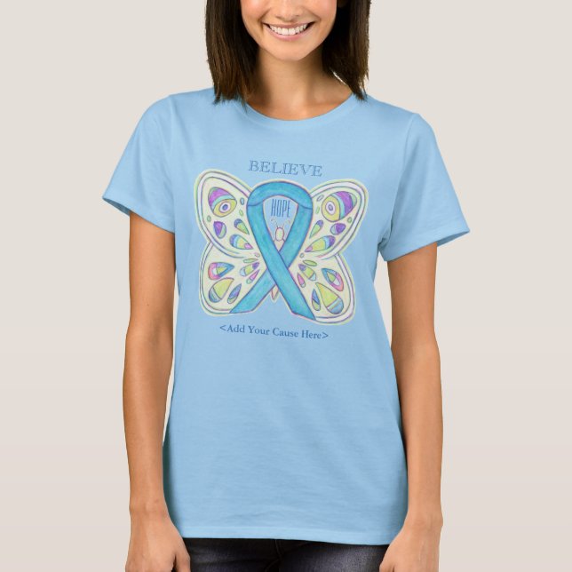 Light Blue Awareness Ribbon Custom Art T-Shirts (Front)