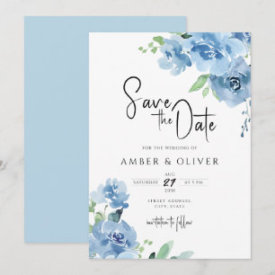Light Blue Baby Blue Floral Leaves Save The Date I Invitation