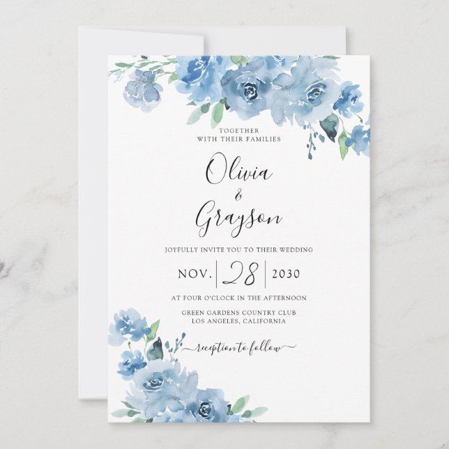 Light Blue Baby Blue Floral QR All In One Wedding Invitation (Front)