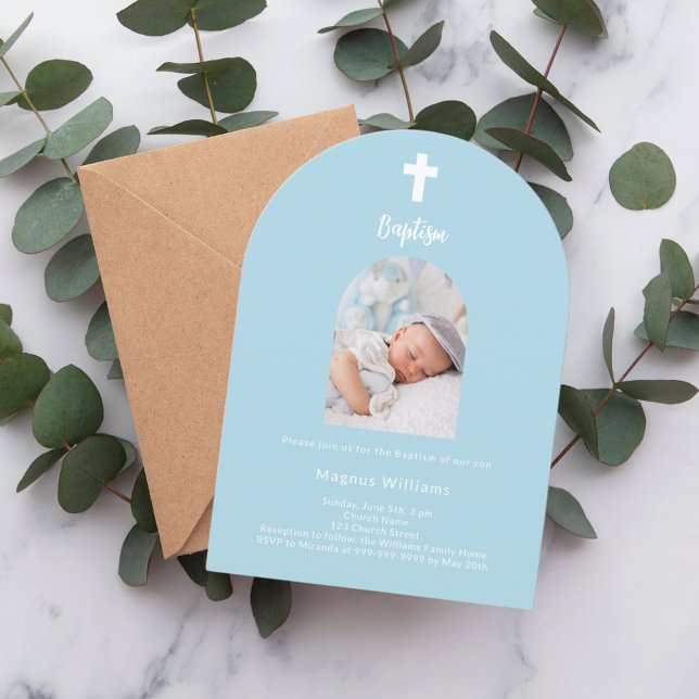 Light blue baby boy photo arch Baptism Invitation (Creator Uploaded)