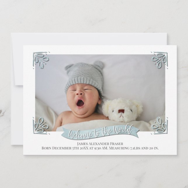 Light Blue  Baby Photo Birth Announcement (Front)