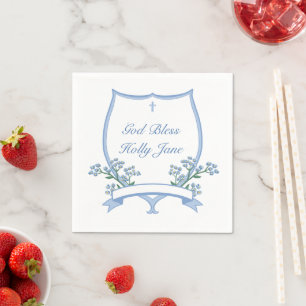 Light Blue Baptism First Communion Name in Crest Napkin