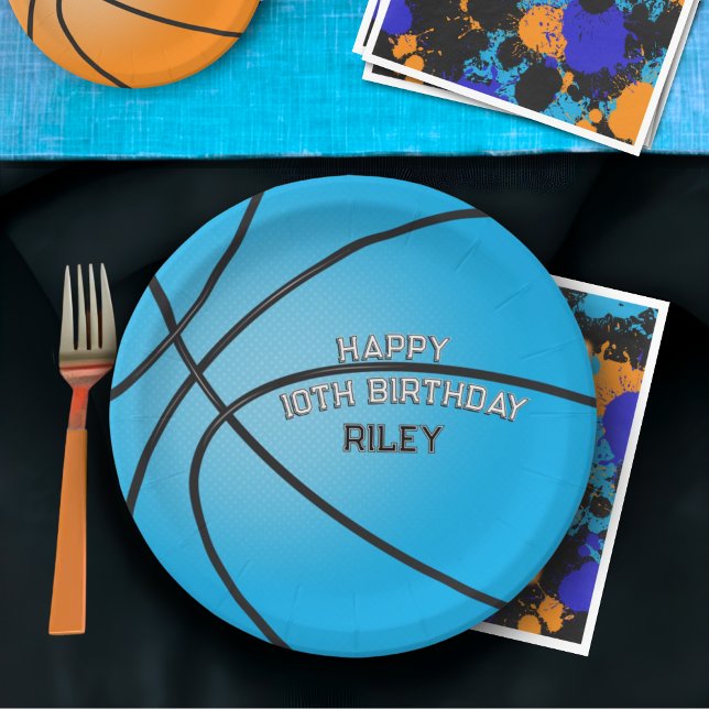 Light Blue Basketball Happy Birthday Name Paper Plate (Creator Uploaded)