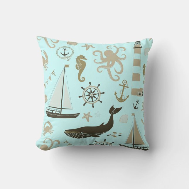 Light Blue Beach Ocean Seahorse Anchor Cushion (Front)
